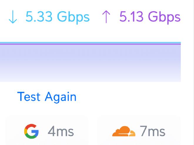 An internet speed test showing 5.0 Gbps download and 5.0 Gbps upload.